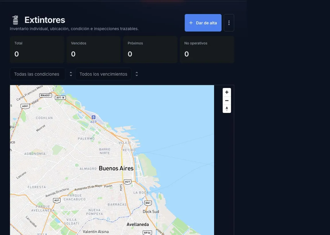 Mapa de extintores con filtros de condición y vencimiento