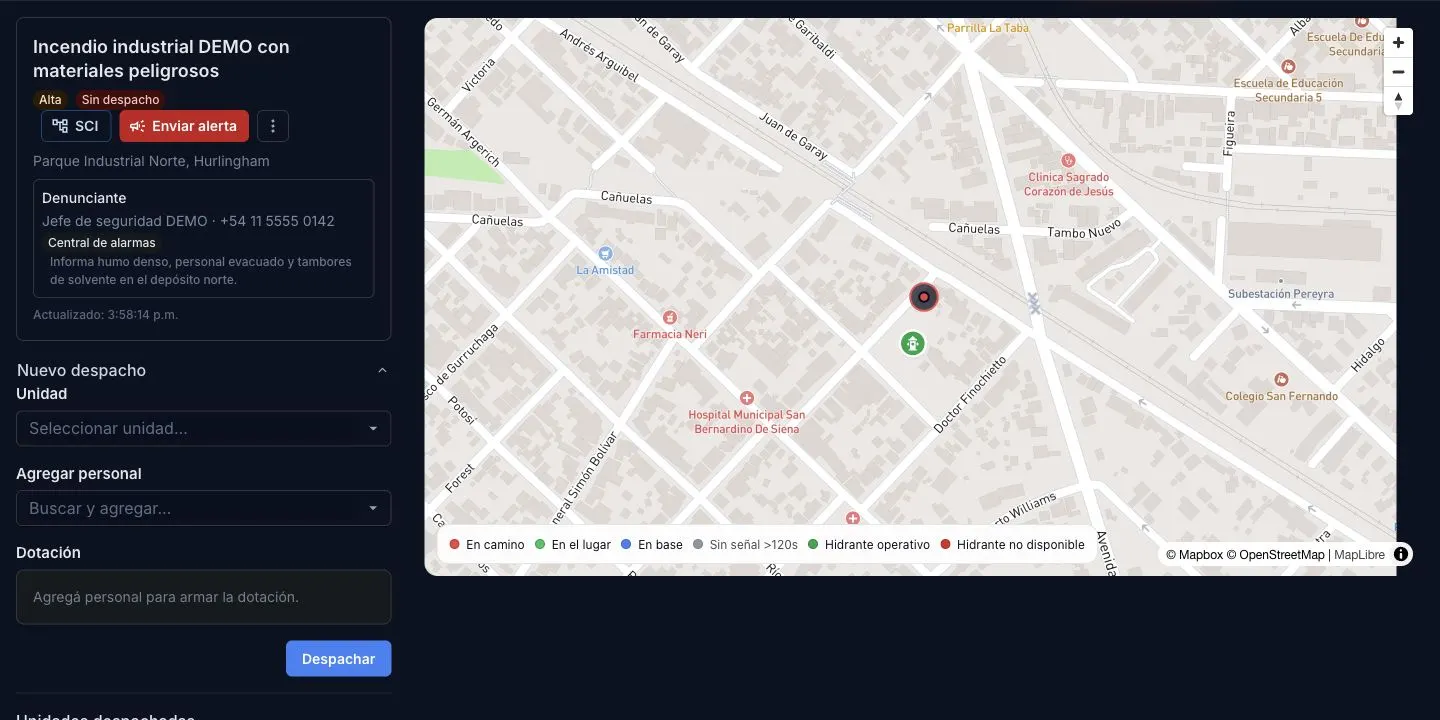 Incidente en Responder con mapa, recursos y opciones de despacho